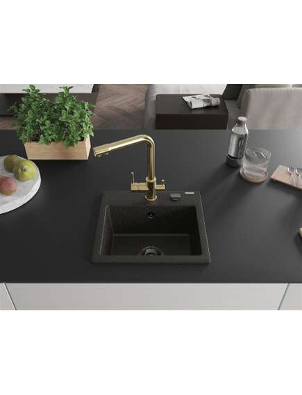 Mexen Milo zlewozmywak granitowy 1-komorowy z baterią kuchenną Duero, czarny/złoty metalik - 6505-75-671600-50-B, изображение 3