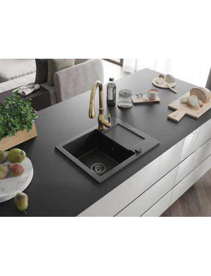 Mexen Enzo zlewozmywak granitowy 1-komorowy z ociekaczem i baterią kuchenną Savita, czarny - 6506-77-672601-50-B, 2 image