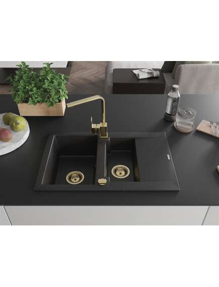 Mexen Gaspar zlewozmywak granitowy 1,5-komorowy z ociekaczem i baterią kuchenną Rita, czarny/srebrny metalik - 6507-73-670300-50, 3 image