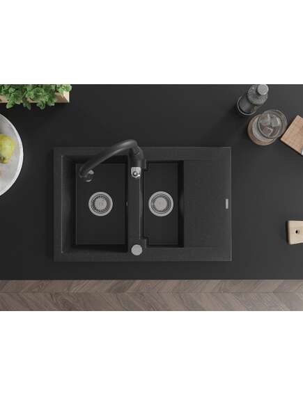 Mexen Gaspar zlewozmywak granitowy 1,5-komorowy z ociekaczem i baterią kuchenną Savita, czarny/srebrny - 6507-73-672601-70, изображение 4