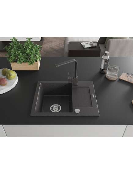 Mexen Enzo zlewozmywak granitowy 1-komorowy z ociekaczem i baterią kuchenną Rita, czarny nakrapiany - 6506-76-670300-76, 3 image