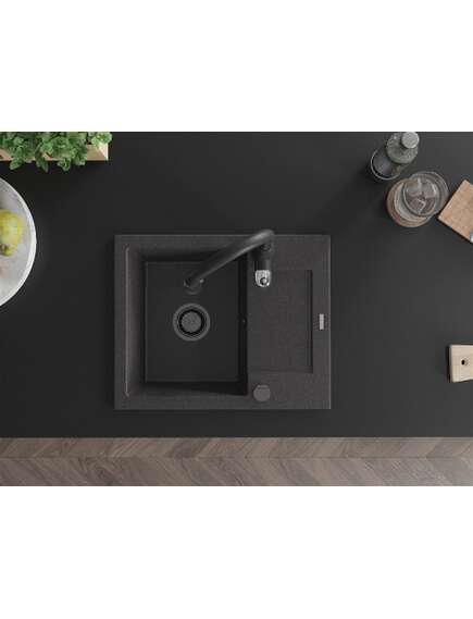 Mexen Enzo zlewozmywak granitowy 1-komorowy z ociekaczem i baterią kuchenną Savita, czarny nakrapiany - 6506-76-672601-70-B, 4 image