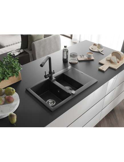 Mexen Gaspar zlewozmywak granitowy 1,5-komorowy z ociekaczem i baterią kuchenną Duero, czarny/srebrny - 6507-73-671600-70, изображение 2