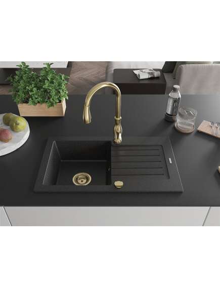 Mexen Pablo zlewozmywak granitowy 1-komorowy z ociekaczem i baterią kuchenną Savita, czarny/srebrny metalik - 6510-73-672601-50, 3 image