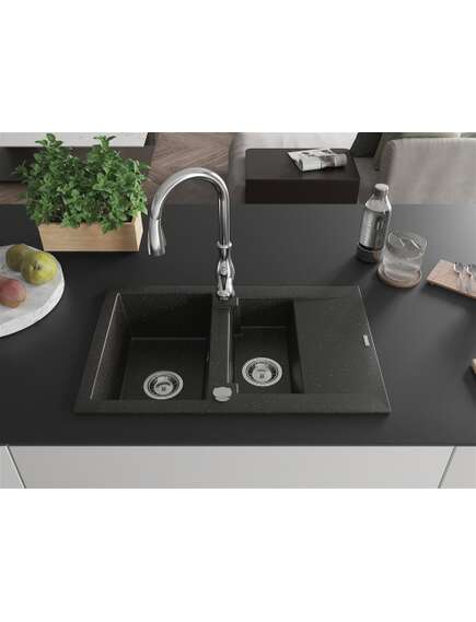 Mexen Gaspar zlewozmywak granitowy 1,5-komorowy z ociekaczem i baterią kuchenną Savita, czarny/złoty - 6507-75-672601-00, 3 image