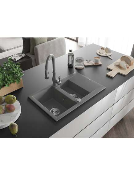 Mexen Gaspar zlewozmywak granitowy 1,5-komorowy z ociekaczem i baterią kuchenną Savita, szary - 6507-71-672601-71, изображение 2