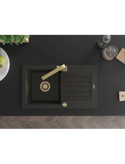 Mexen Pablo zlewozmywak granitowy 1-komorowy z ociekaczem i baterią kuchenną Rita, czarny/złoty metalik- 6510-75-670300-50, 4 image