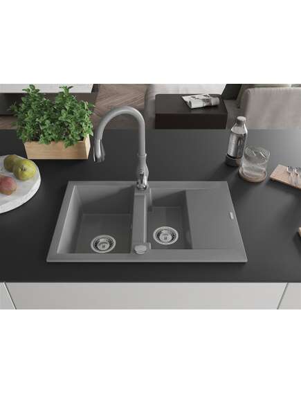 Mexen Gaspar zlewozmywak granitowy 1,5-komorowy z ociekaczem i baterią kuchenną Savita, szary - 6507-71-672601-71, изображение 3