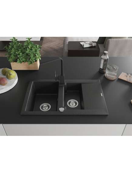 Mexen Gaspar zlewozmywak granitowy 1,5-komorowy z ociekaczem i baterią kuchenną Rita, czarny/srebrny metalik - 6507-73-670300-70, 3 image