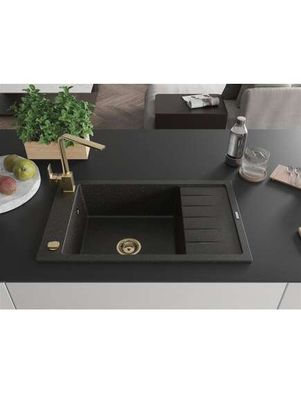 Mexen Elias zlewozmywak granitowy 1-komorowy z ociekaczem i baterią kuchenną Rita, czarny/złoty metalik - 6511-75-670300-50, 3 image