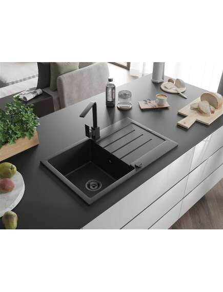 Mexen Bruno zlewozmywak granitowy 1-komorowy z ociekaczem i baterią kuchenną Rita, czarny/srebrny metalik - 6513-73-670300-70-B, 2 image