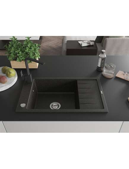 Mexen Elias zlewozmywak granitowy 1-komorowy z ociekaczem i baterią kuchenną Rita, czarny/złoty metalik - 6511-75-670300-70, 3 image