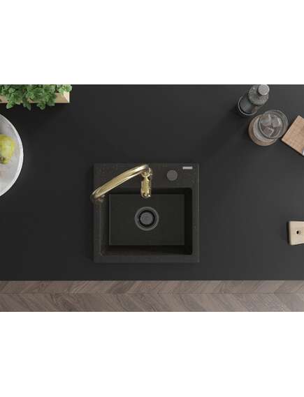 Mexen Milo zlewozmywak granitowy 1-komorowy z baterią kuchenną Savita, czarny/złoty metalik- 6505-75-672601-50-B, 4 image