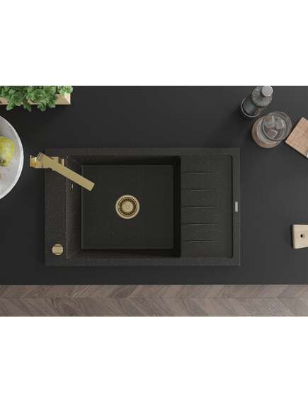Mexen Elias zlewozmywak granitowy 1-komorowy z ociekaczem i baterią kuchenną Rita, czarny/złoty metalik - 6511-75-670300-50, 4 image