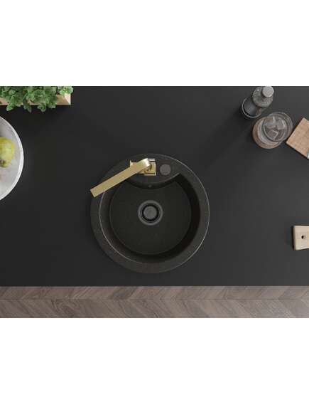 Mexen Diego zlewozmywak granitowy 1-komorowy z baterią kuchenną Rita, czarny/złoty metalik - 6512-75-670300-50-B, 4 image