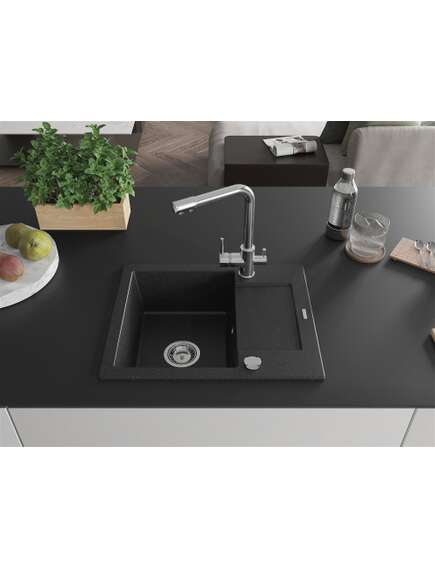 Mexen Enzo zlewozmywak granitowy 1-komorowy z ociekaczem i baterią kuchenną Duero, czarny/srebrny metalik - 6506-73-671600-00, 3 image