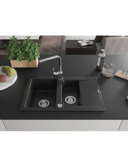 Mexen Gaspar zlewozmywak granitowy 1,5-komorowy z ociekaczem i baterią kuchenną Rita, czarny - 6507-77-670300-00, 3 image