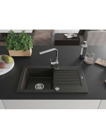 Mexen Pablo zlewozmywak granitowy 1-komorowy z ociekaczem i baterią kuchenną Rita, czarny/złoty metalik- 6510-75-670300-00, 3 image