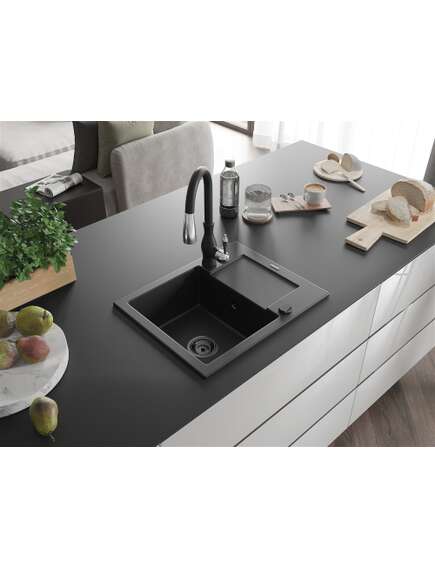 Mexen Enzo zlewozmywak granitowy 1-komorowy z ociekaczem i baterią kuchenną Savita, czarny - 6506-77-672601-70-B, 2 image