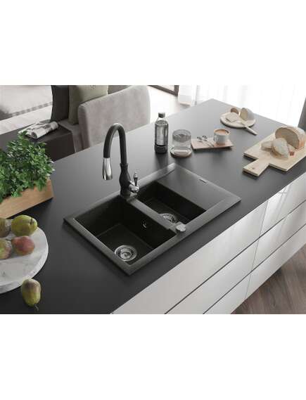 Mexen Gaspar zlewozmywak granitowy 1,5-komorowy z ociekaczem i baterią kuchenną Savita, czarny/złoty - 6507-75-672601-70, 2 image