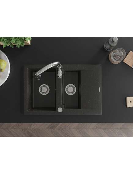 Mexen Gaspar zlewozmywak granitowy 1,5-komorowy z ociekaczem i baterią kuchenną Savita, czarny/złoty - 6507-75-672601-00, 4 image