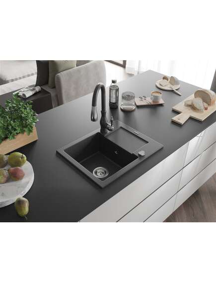 Mexen Enzo zlewozmywak granitowy 1-komorowy z ociekaczem i baterią kuchenną Savita, czarny nakrapiany - 6506-76-672601-76, 2 image