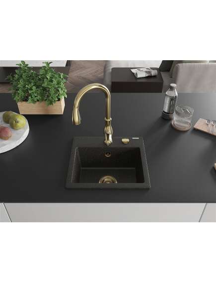 Mexen Milo zlewozmywak granitowy 1-komorowy z baterią kuchenną Savita, czarny/złoty metalik- 6505-75-672601-50, 3 image