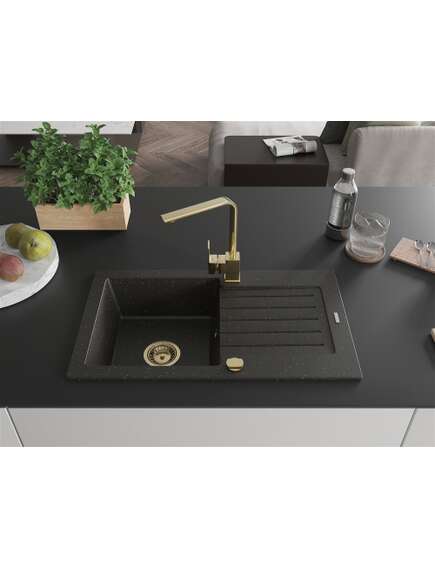 Mexen Pablo zlewozmywak granitowy 1-komorowy z ociekaczem i baterią kuchenną Rita, czarny/złoty metalik- 6510-75-670300-50, 3 image