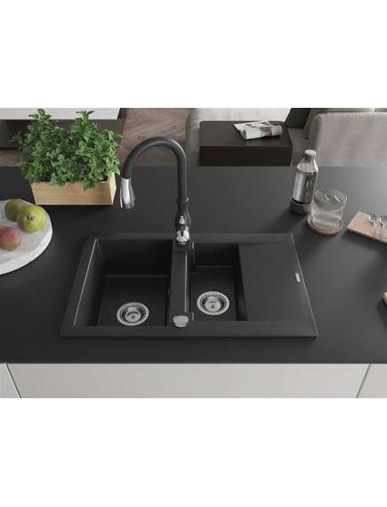 Mexen Gaspar zlewozmywak granitowy 1,5-komorowy z ociekaczem i baterią kuchenną Savita, czarny - 6507-77-672601-70, 3 image
