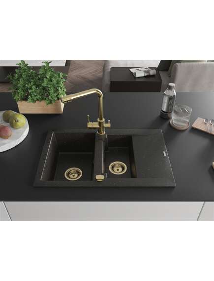 Mexen Gaspar zlewozmywak granitowy 1,5-komorowy z ociekaczem i baterią kuchenną Duero, czarny/złoty metalik - 6507-75-671600-50, 3 image