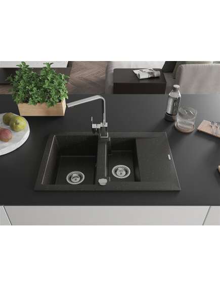 Mexen Gaspar zlewozmywak granitowy 1,5-komorowy z ociekaczem i baterią kuchenną Rita, czarny/złoty  - 6507-75-670300-00, 3 image