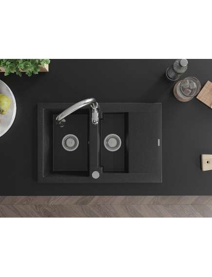 Mexen Gaspar zlewozmywak granitowy 1,5-komorowy z ociekaczem i baterią kuchenną Savita, czarny/srebrny - 6507-73-672601-00, 4 image