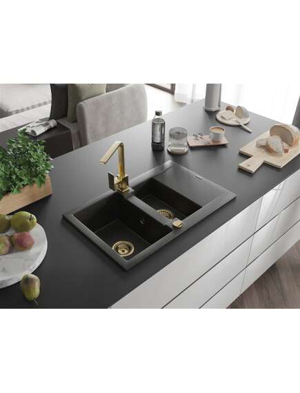 Mexen Gaspar zlewozmywak granitowy 1,5-komorowy z ociekaczem i baterią kuchenną Rita, czarny/złoty  - 6507-75-670300-50, 2 image