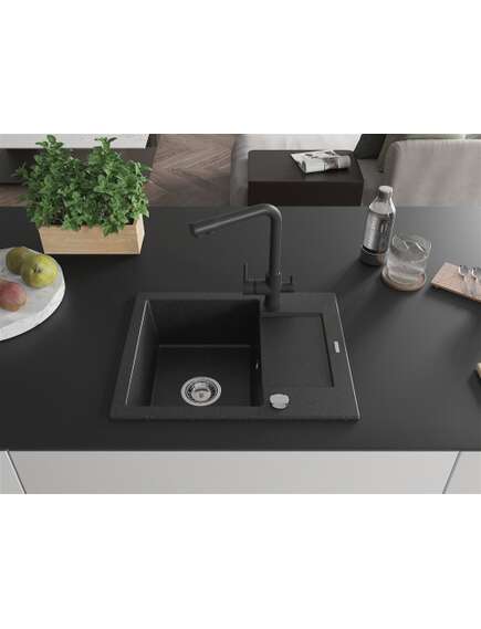 Mexen Enzo zlewozmywak granitowy 1-komorowy z ociekaczem i baterią kuchenną Duero, czarny/srebrny metalik - 6506-73-671600-70, 3 image