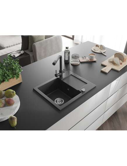 Mexen Enzo zlewozmywak granitowy 1-komorowy z ociekaczem i baterią kuchenną Duero, czarny nakrapiany - 6506-76-671600-76, 2 image
