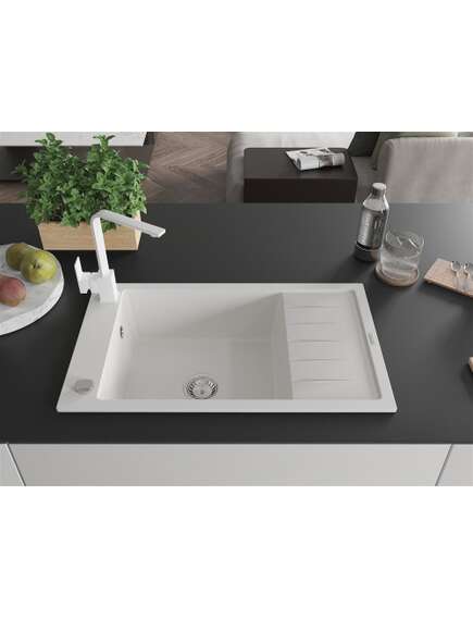 Mexen Elias zlewozmywak granitowy 1-komorowy z ociekaczem i baterią kuchenną Rita, biały - 6511-20-670300-20, 3 image