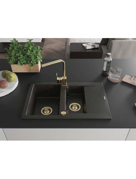 Mexen Gaspar zlewozmywak granitowy 1,5-komorowy z ociekaczem i baterią kuchenną Rita, czarny/złoty  - 6507-75-670300-50, 3 image