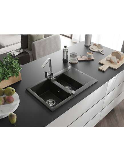 Mexen Gaspar zlewozmywak granitowy 1,5-komorowy z ociekaczem i baterią kuchenną Rita, czarny/złoty  - 6507-75-670300-00, 2 image