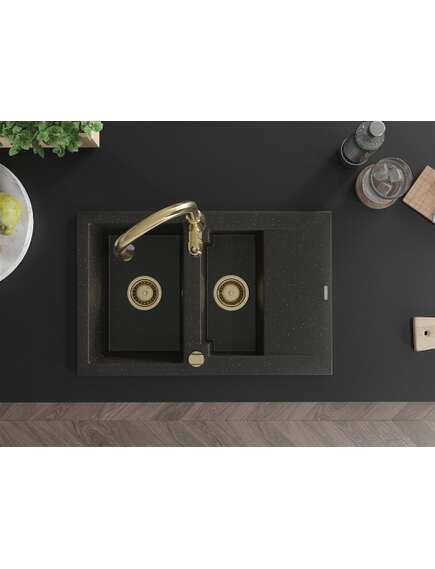 Mexen Gaspar zlewozmywak granitowy 1,5-komorowy z ociekaczem i baterią kuchenną Savita, czarny/złoty - 6507-75-672601-50, 4 image