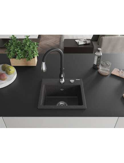Mexen Milo zlewozmywak granitowy 1-komorowy z baterią kuchenną Savita, czarny nakrapiany - 6505-76-672601-70, 3 image