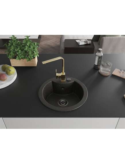 Mexen Diego zlewozmywak granitowy 1-komorowy z baterią kuchenną Rita, czarny/złoty metalik - 6512-75-670300-50-B, 3 image