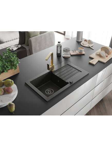 Mexen Pablo zlewozmywak granitowy 1-komorowy z ociekaczem i baterią kuchenną Rita, czarny/złoty metalik- 6510-75-670300-50-B, 2 image