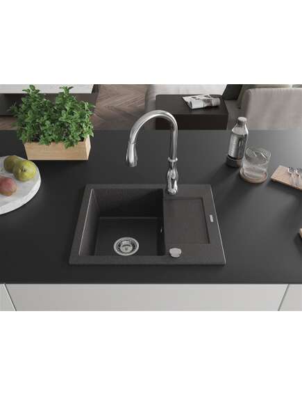 Mexen Enzo zlewozmywak granitowy 1-komorowy z ociekaczem i baterią kuchenną Savita, czarny nakrapiany - 6506-76-672601-00, 3 image