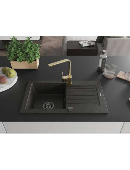 Mexen Pablo zlewozmywak granitowy 1-komorowy z ociekaczem i baterią kuchenną Rita, czarny/złoty metalik- 6510-75-670300-50-B, 3 image