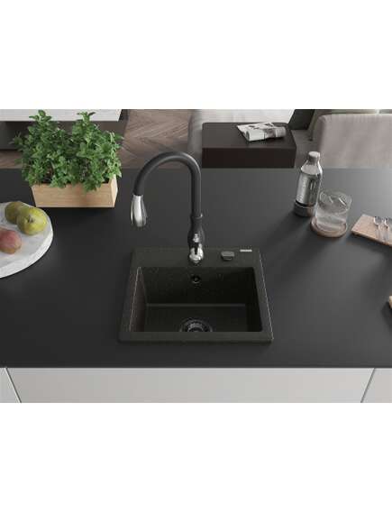 Mexen Milo zlewozmywak granitowy 1-komorowy z baterią kuchenną Savita, czarny/złoty metalik- 6505-75-672601-70-B, 3 image