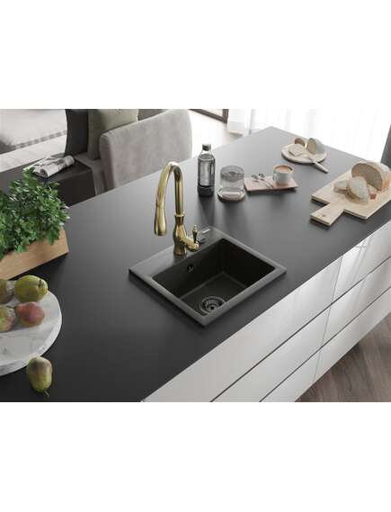 Mexen Milo zlewozmywak granitowy 1-komorowy z baterią kuchenną Savita, czarny/złoty metalik- 6505-75-672601-50-B, 2 image