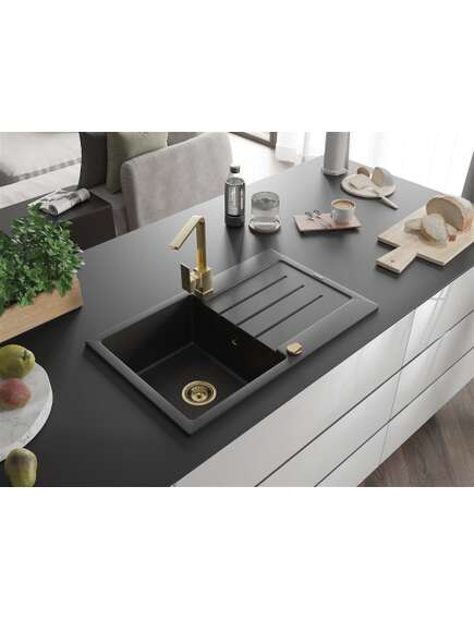 Mexen Bruno zlewozmywak granitowy 1-komorowy z ociekaczem i baterią kuchenną Rita, czarny/srebrny metalik - 6513-73-670300-50, 2 image
