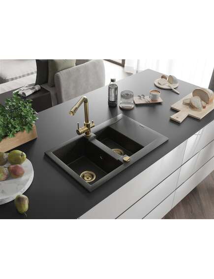 Mexen Gaspar zlewozmywak granitowy 1,5-komorowy z ociekaczem i baterią kuchenną Duero, czarny/złoty metalik - 6507-75-671600-50, 2 image