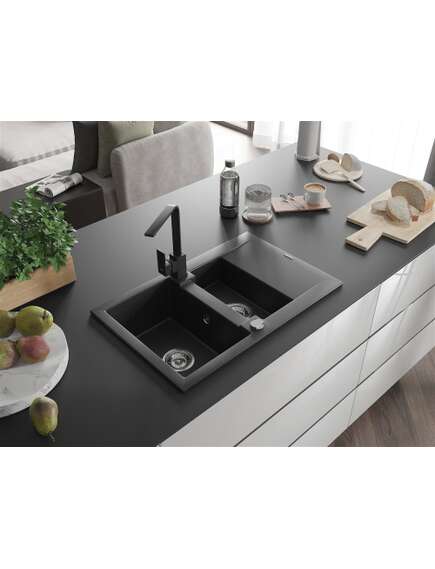 Mexen Gaspar zlewozmywak granitowy 1,5-komorowy z ociekaczem i baterią kuchenną Rita, czarny/srebrny metalik - 6507-73-670300-70, 2 image