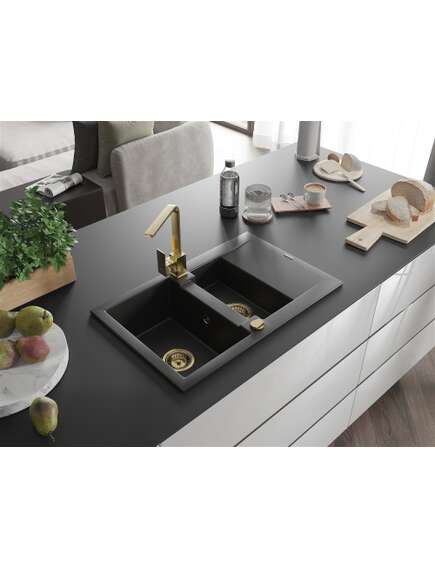Mexen Gaspar zlewozmywak granitowy 1,5-komorowy z ociekaczem i baterią kuchenną Rita, czarny - 6507-77-670300-50, 2 image